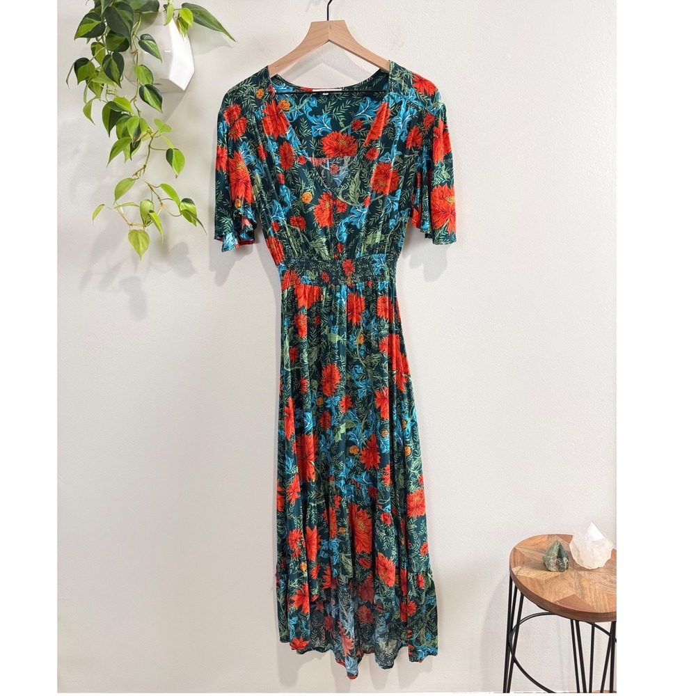 Abel The Label Floral Maxi Dress Green Orange Smocked High Low V-Neck S Boho